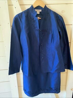 Sutton Studio Blue Silk Dress & Blazer Set